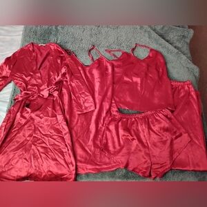 Red Satin Pajama Set Robe Gown Shorts Women's Size Small